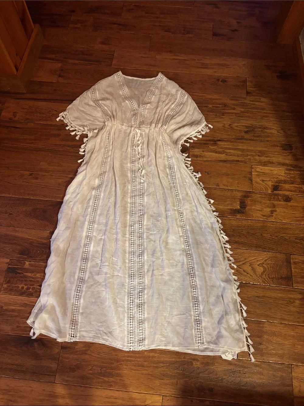 Women's White Embroidered Tassel Maxi Dress